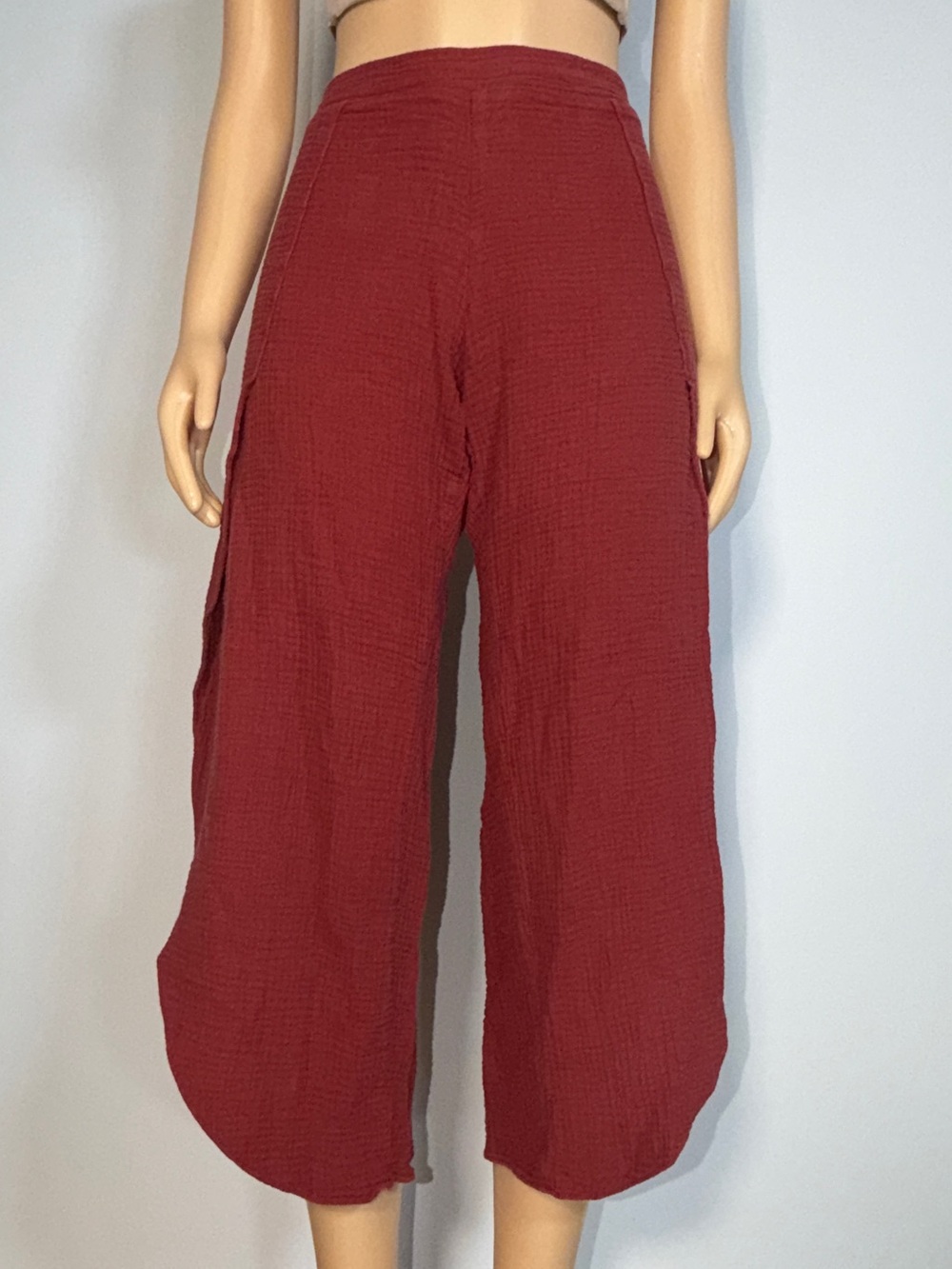 Allison Joy Rust Red Crinkled Wide-Leg Crop Pants